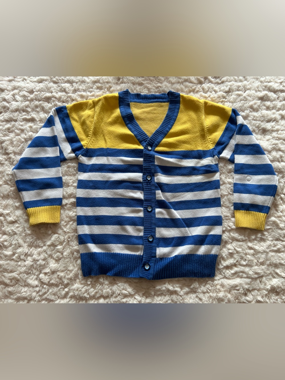 Kids Striped Blue, White & Yellow Button-Up Knit Cardigan